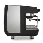 Black and silver espresso machine on a white background