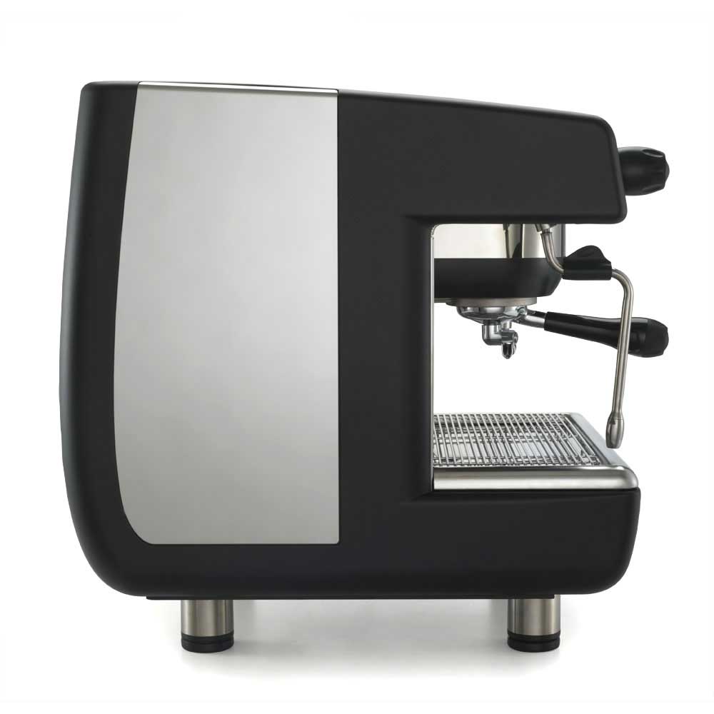 Black and silver espresso machine on a white background