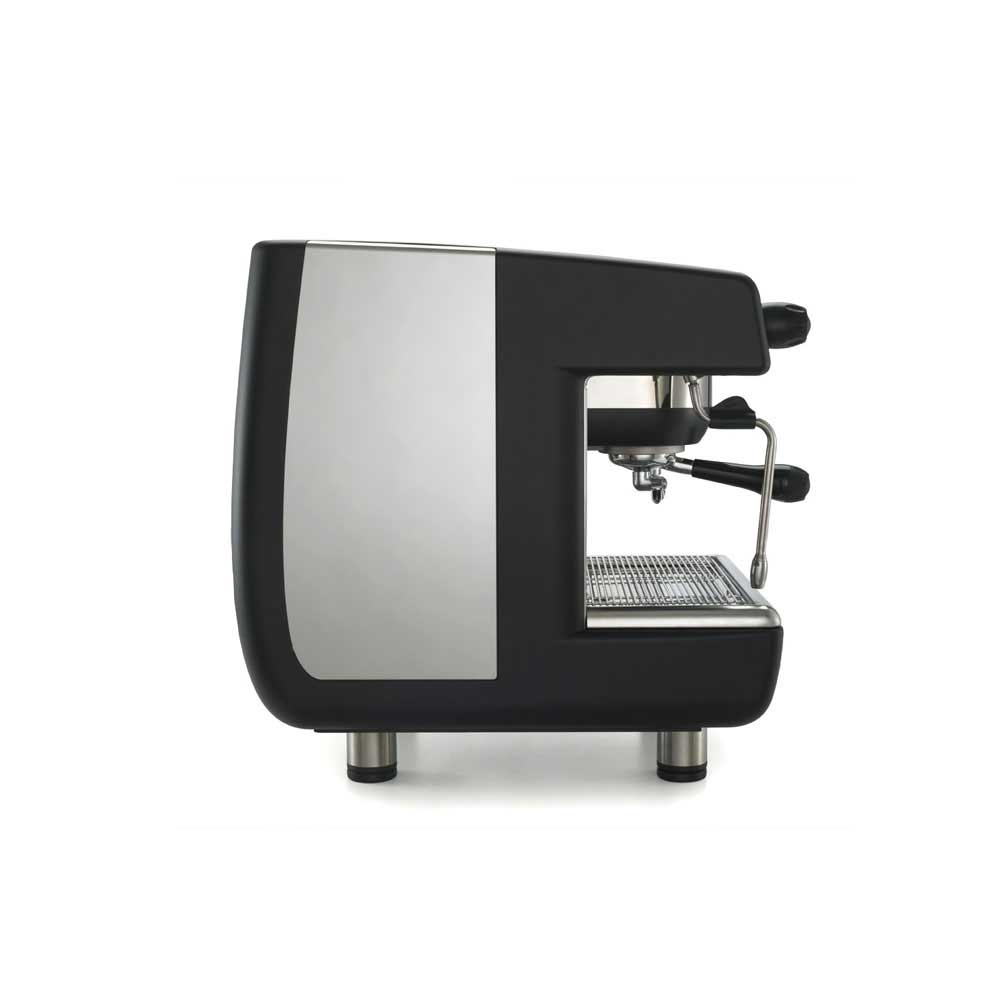 Black and silver espresso machine on a white background