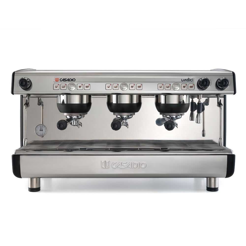 Espresso machine with three groups on a white background