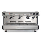 Stainless steel espresso machine with multiple nozzles on a white background
