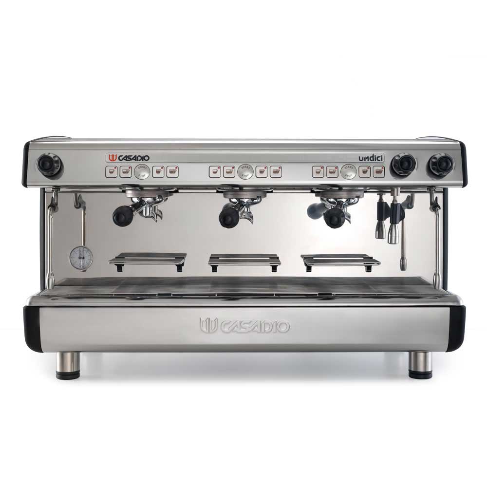 Stainless steel espresso machine with multiple nozzles on a white background