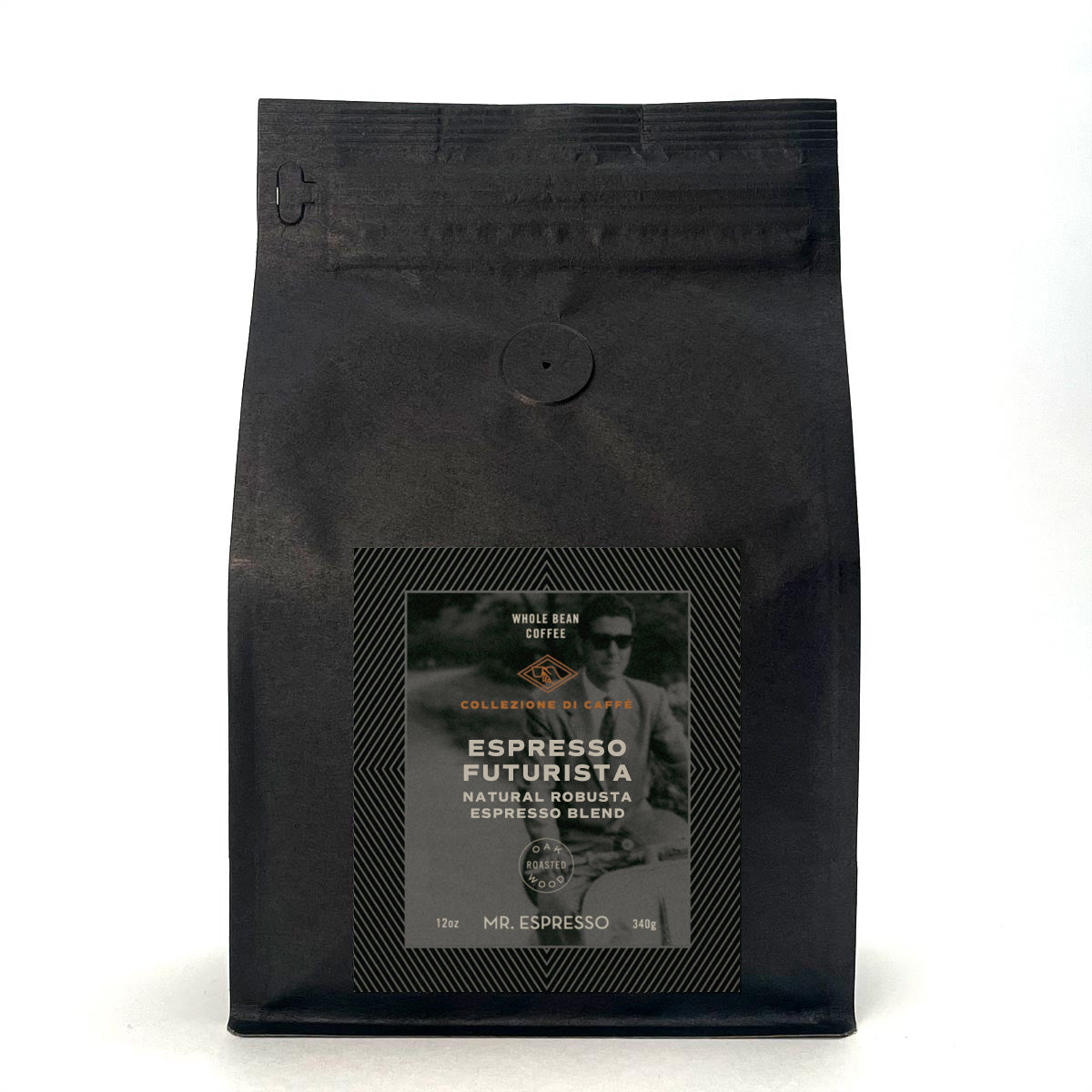 Black coffee bag with text and branding on a white background