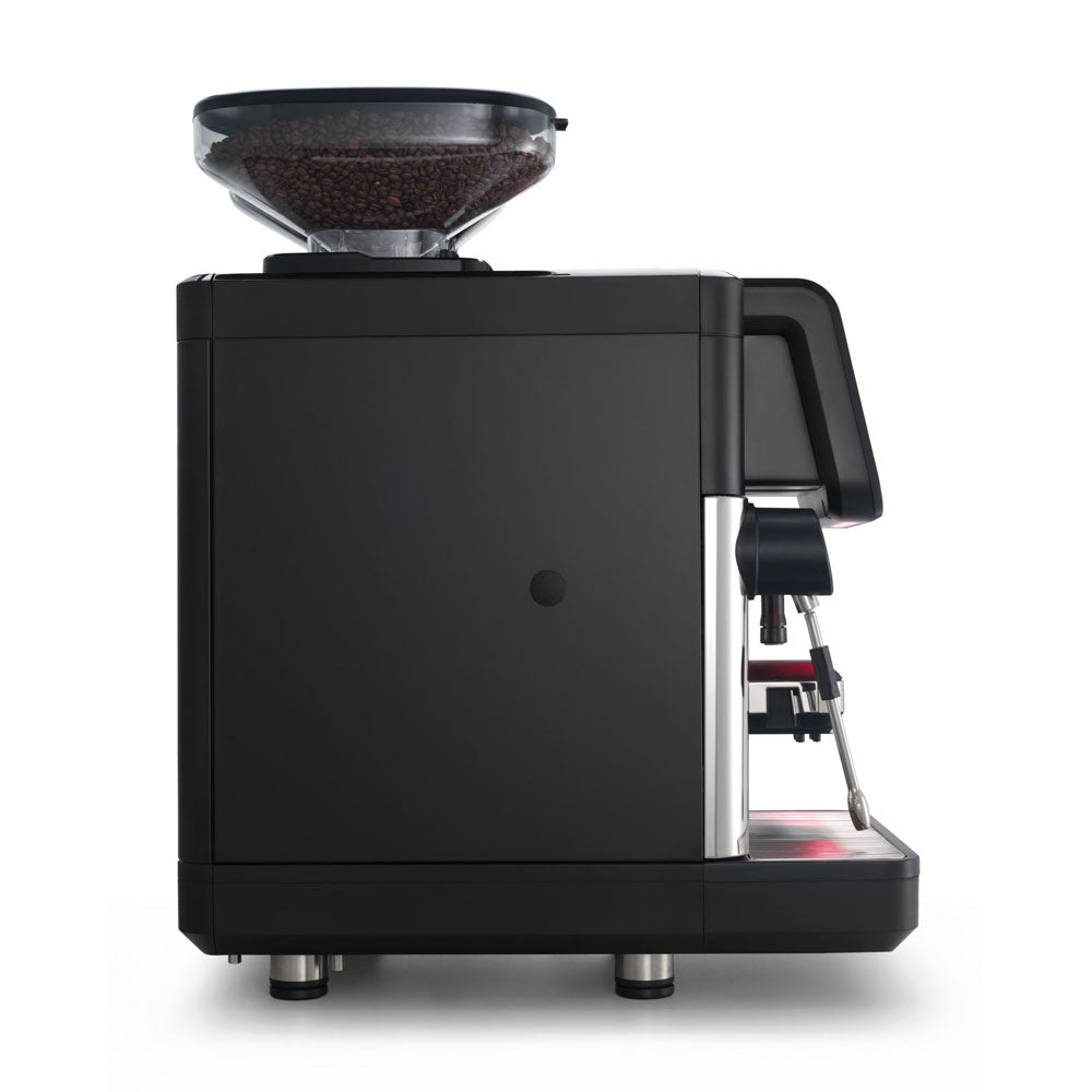 Black coffee grinder with coffee beans on a white background