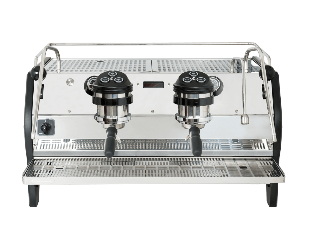 A professional espresso machine with a stainless steel body, black side panels, two portafilter holders with black handles, and a metal drip tray, shown against a plain white background.