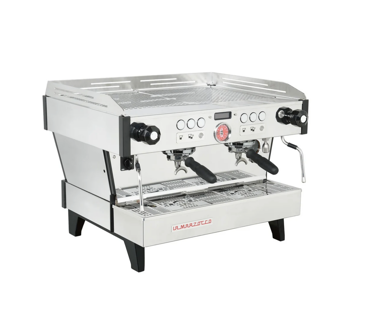 A commercial-grade stainless steel espresso machine with two portafilters, black handles, a drip tray, and a top water tank, shown on a plain white background.