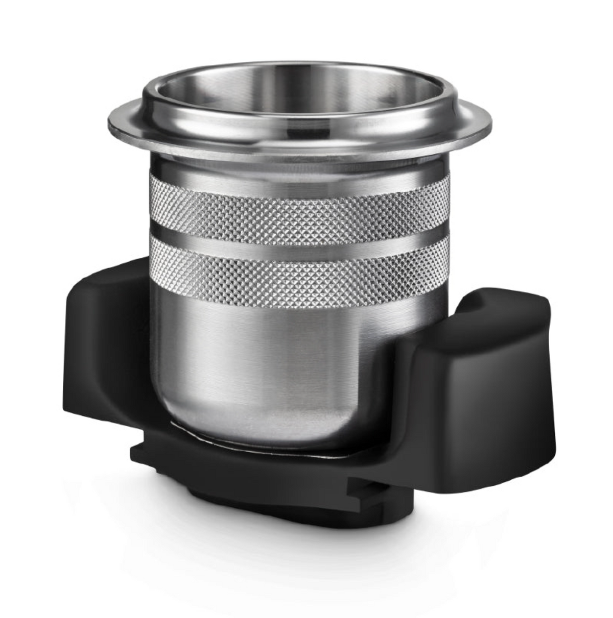A magnetic, stainless steel dosing cup or portafilter holding up to 30 grams of coffee