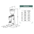 Diagram of a coffee grinder with dimensions labeled in millimeters and inches.