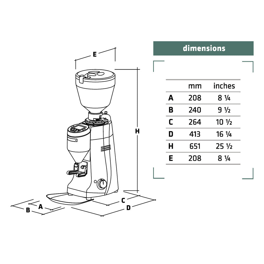 Diagram of a coffee grinder with dimensions labeled in millimeters and inches.
