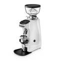 A sleek white and black electric coffee grinder from Mazzer with a clear hopper, shown on a solid white background.