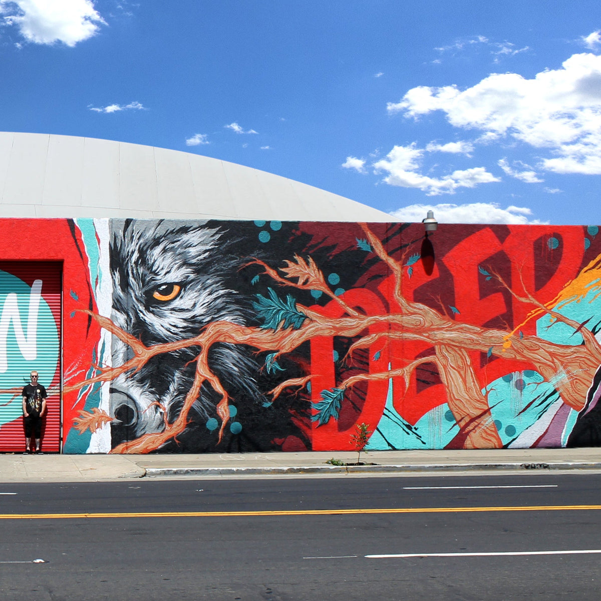 A large outdoor mural on a building wall shows a wolf face, tree branches, and bold red lettering against a blue sky. A person stands near the left edge of the mural beside a red door, with a street in the foreground.