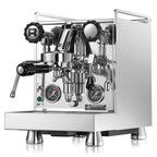 Silver espresso machine with visible branding on a white background
