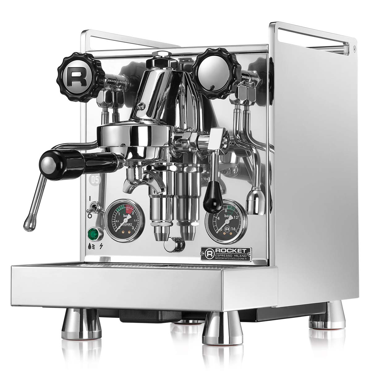 Silver espresso machine with visible branding on a white background