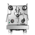 Stainless steel espresso machine with visible brand logo on a white background