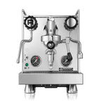 Stainless steel espresso machine with visible brand logo on a white background