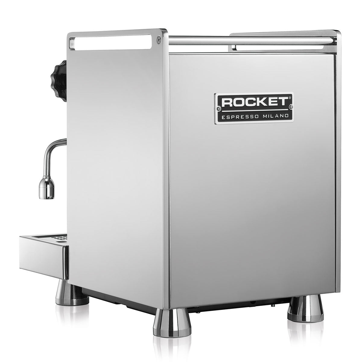 Stainless steel espresso machine with Rocket Espresso Milano branding on a white background