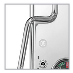 Close-up of a metallic door handle with a digital display on a white background