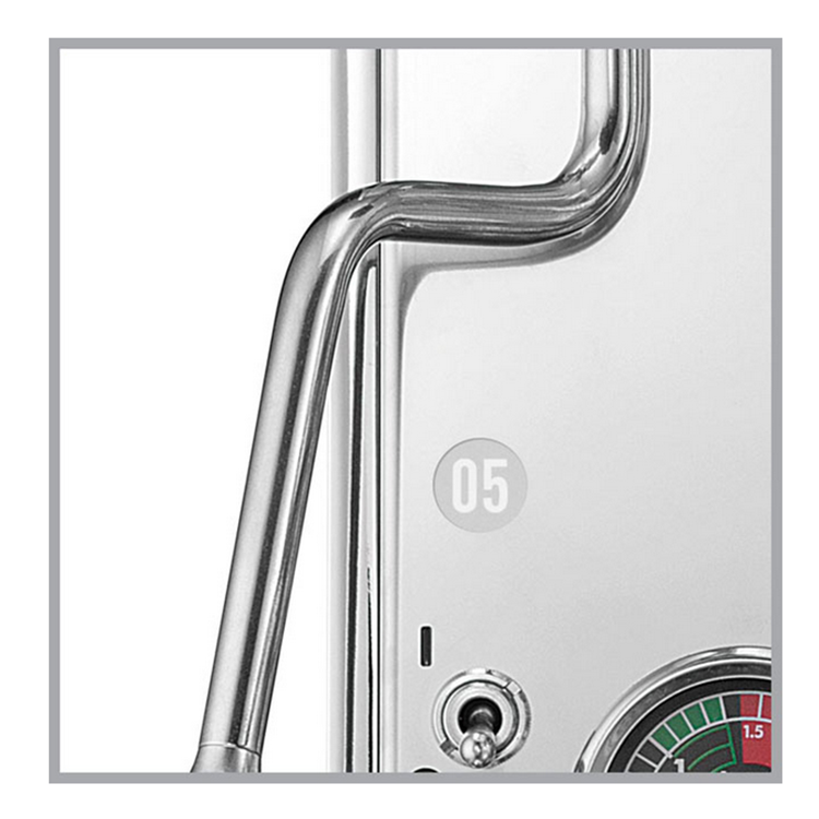 Close-up of a metallic door handle with a digital display on a white background