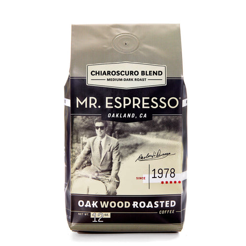 Chiaroscuro Blend Mr. Espresso coffee bag with a vintage-style design on a white background