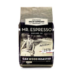 Decaf Espresso Mr. Espresso coffee bag with a vintage-style design on a white background