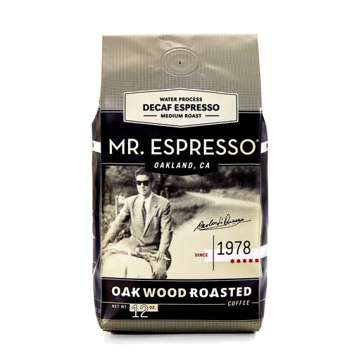 Decaf Espresso Mr. Espresso coffee bag with a vintage-style design on a white background
