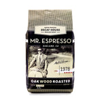 Decaf House Mr. Espresso coffee bag with a vintage-style design on a white background