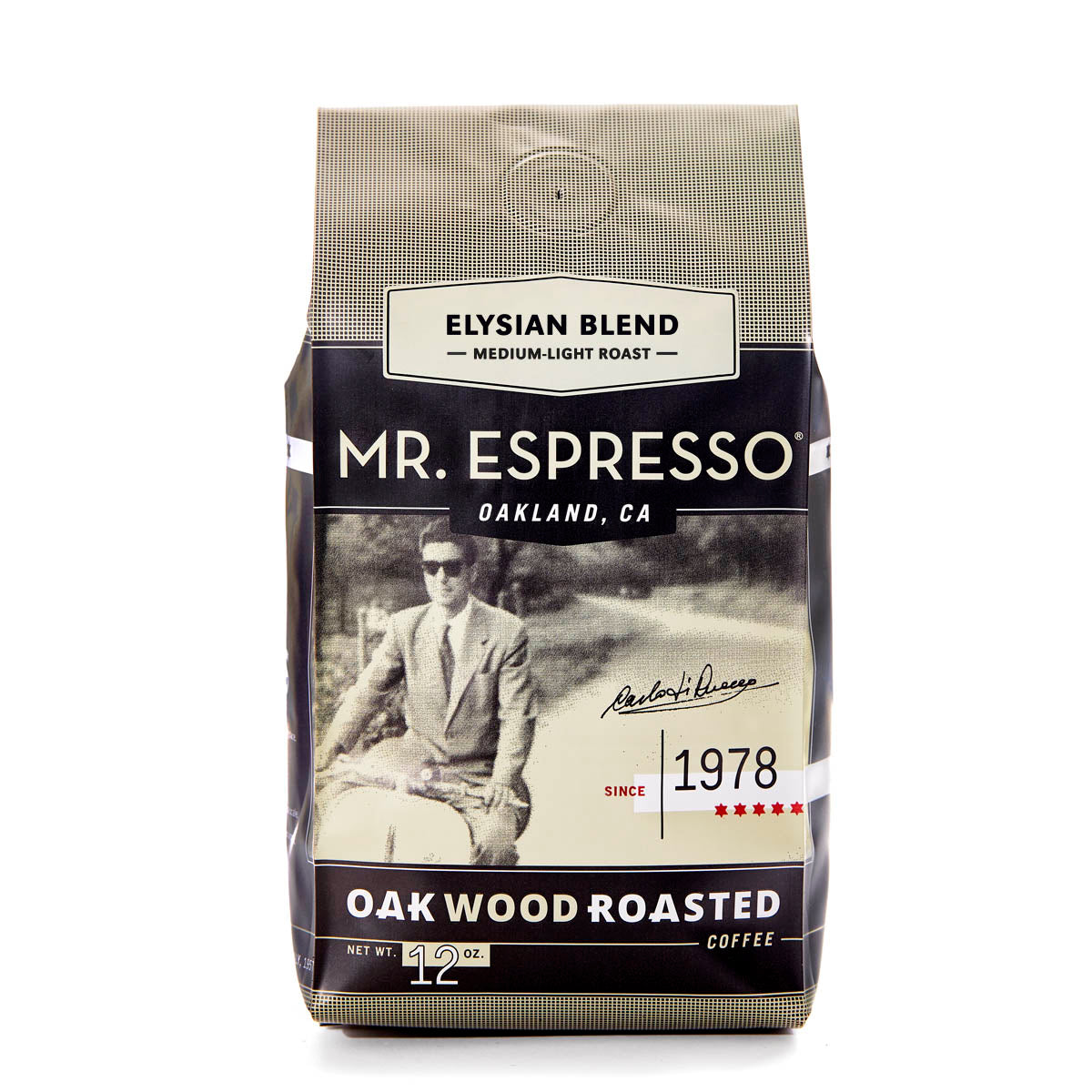 Elysian Blend Mr. Espresso coffee bag with a vintage-style design on a white background