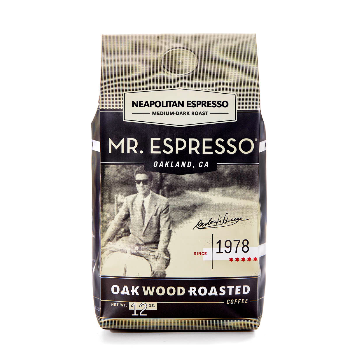 Neapolitan Espresso Mr. Espresso coffee bag with a vintage-style design on a white background