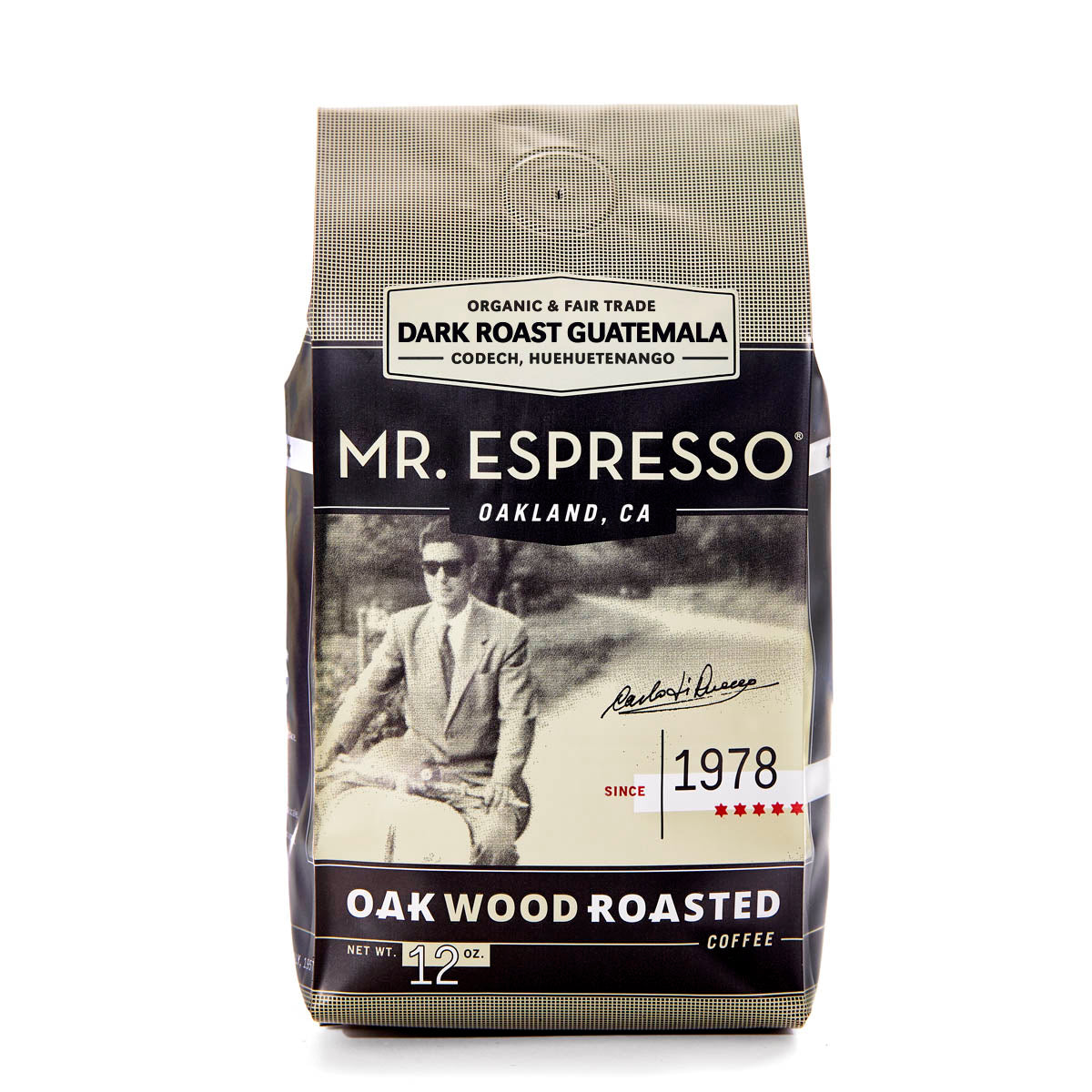 Dark Roast Guatemala Mr. Espresso coffee bag with a vintage-style design on a white background
