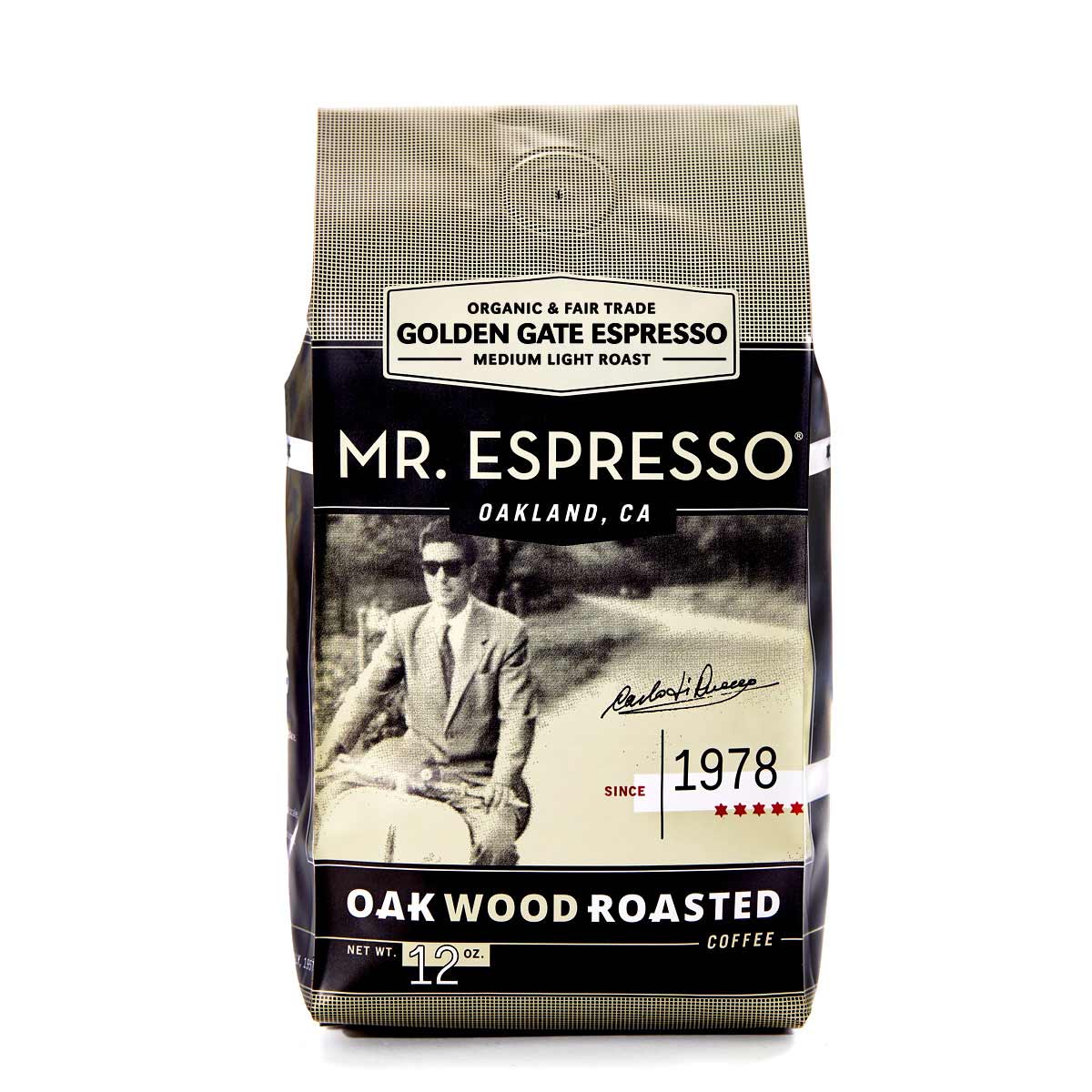 Golden Gate Espresso Mr. Espresso coffee bag with a vintage-style design on a white background