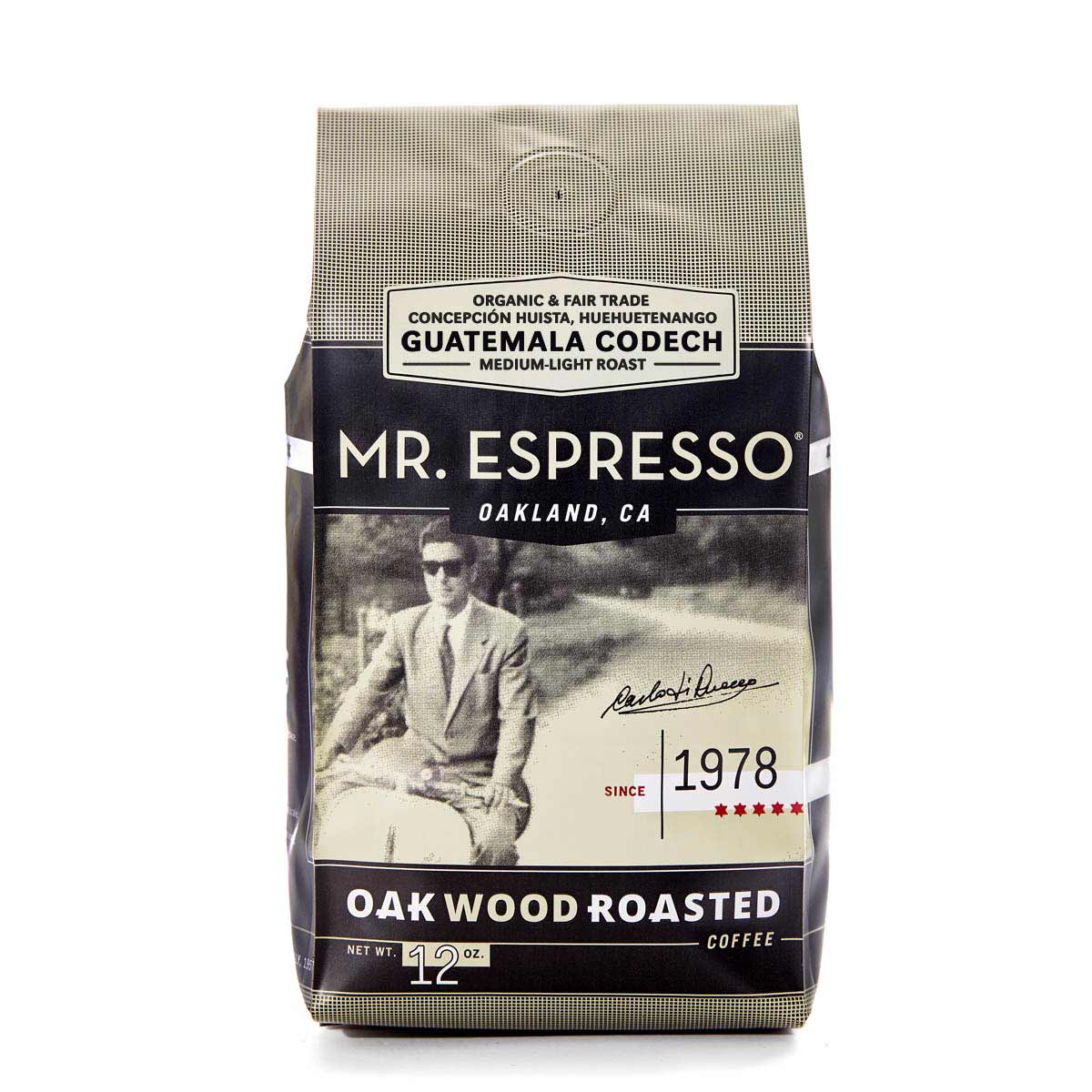 Guatemala Codech Mr. Espresso coffee bag with a vintage-style design on a white background