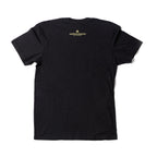 Black t-shirt with a logo on the chest against a white background