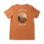 Orange t-shirt with 'Oakland Brewed' and 'Oakland Proud' text and graphic on a white background