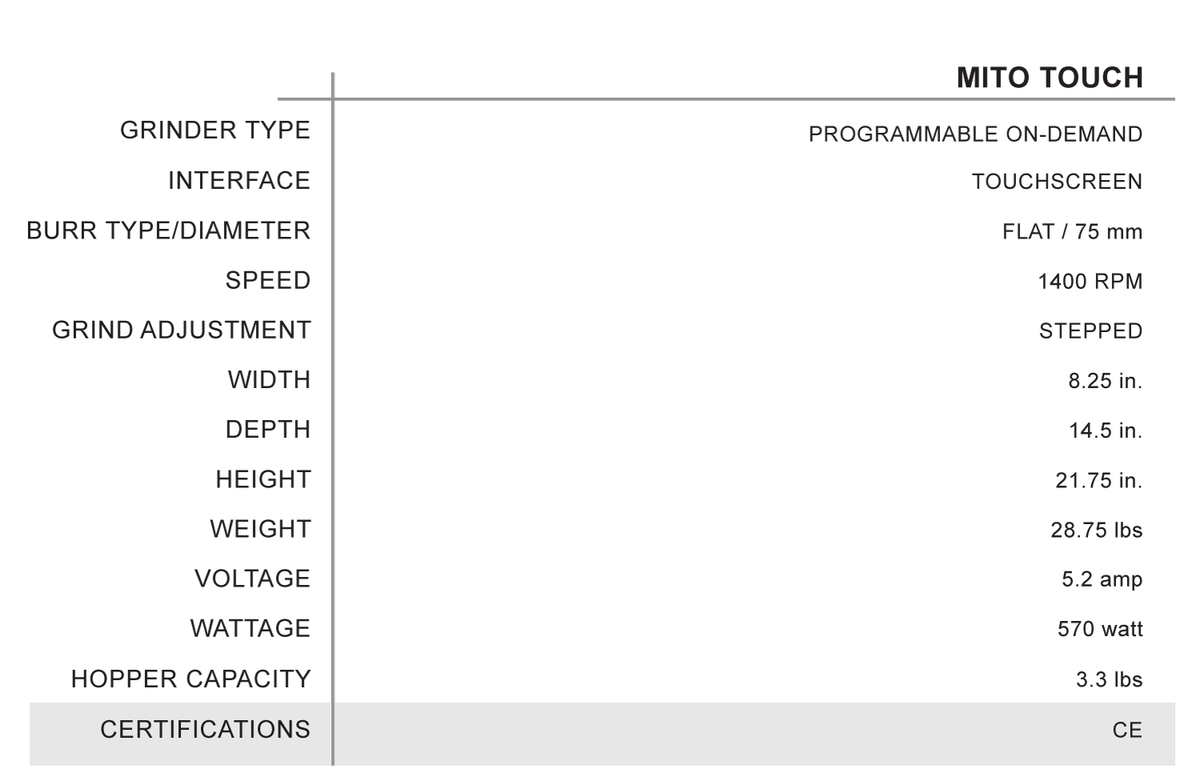 Mr. Espresso Mito Touch specifications