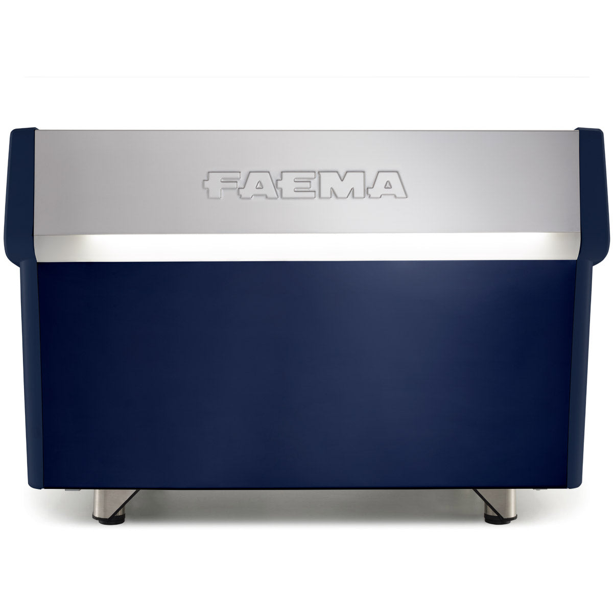 Faema coffee machine with blue base and silver top on a white background
