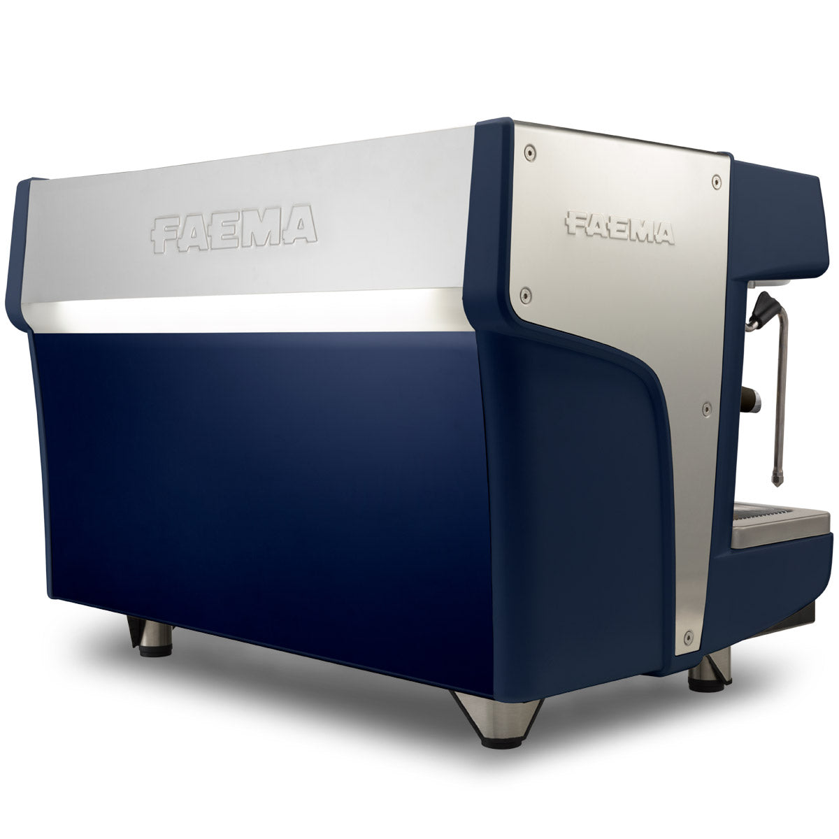 Blue and silver espresso machine with 'PREMA' branding on a white background