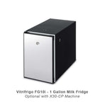 1-gallon milk fridge with black and silver design on a white background