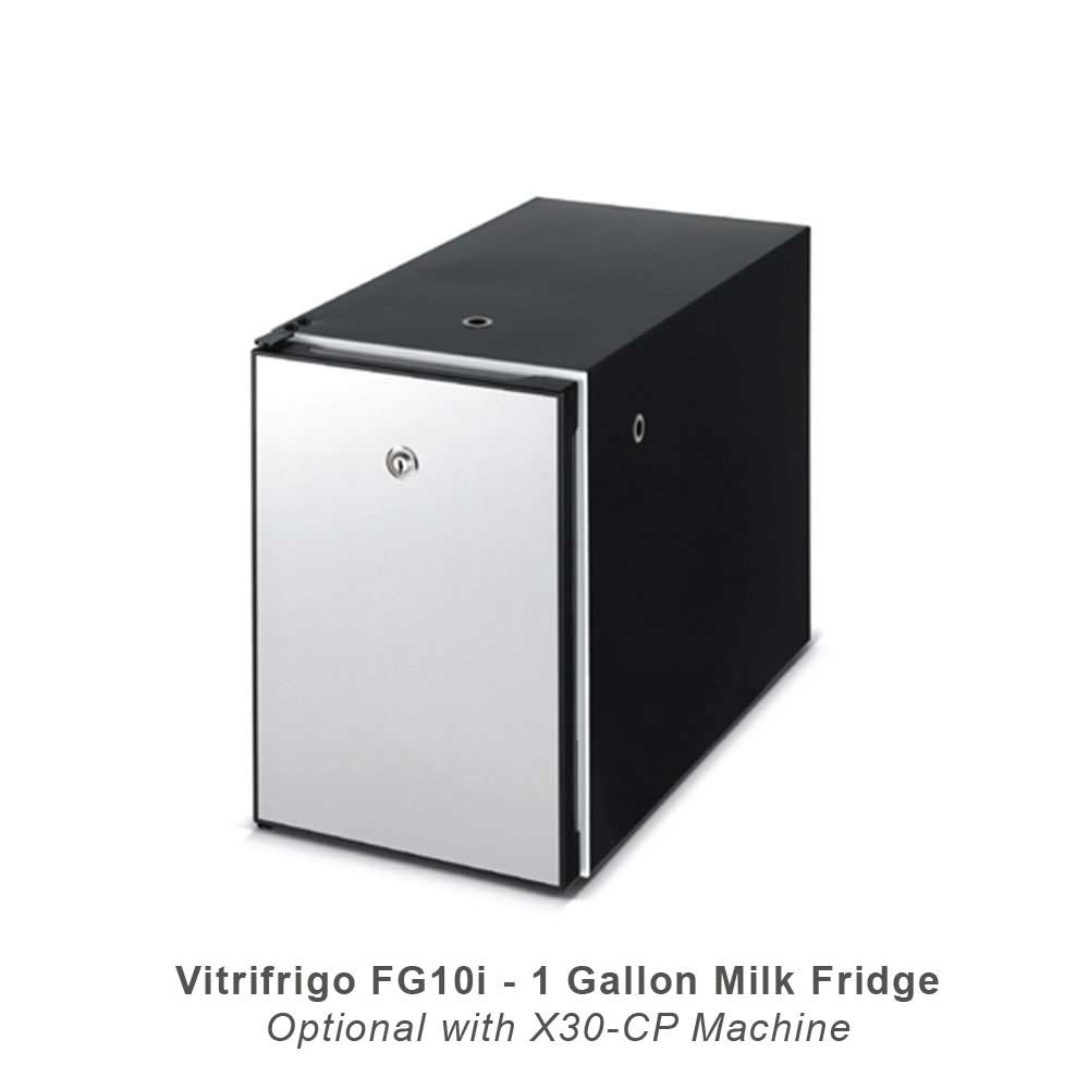 1-gallon milk fridge with black and silver design on a white background