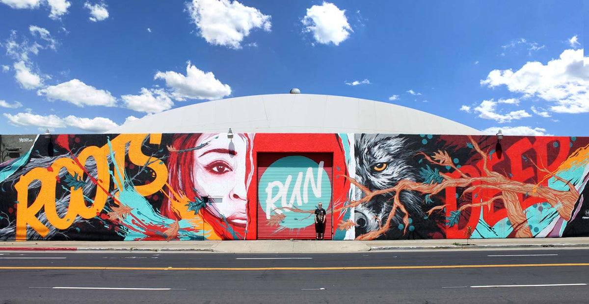 A large outdoor mural painted on a building under a blue sky with white clouds. The mural features bold graffiti-style lettering, a stylized woman's face, a wolf or cat head, and abstract shapes in red, orange, teal, black, and white.