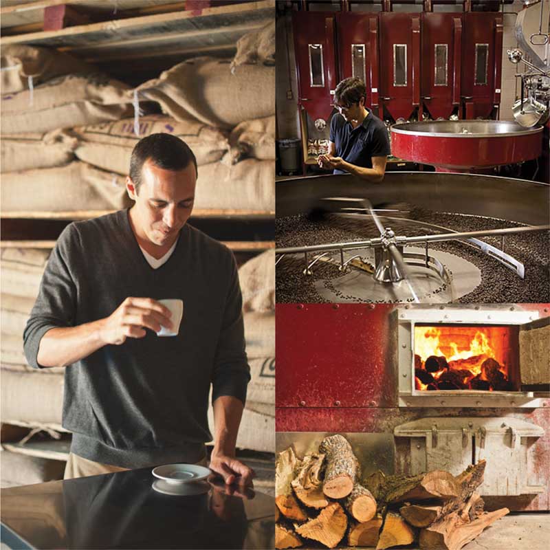 A four-panel collage showing a person in a rustic workshop or brewery setting: standing in front of stacked burlap sacks, holding a small cup, working around a large red rotating vat, and standing near a wood-burning furnace with logs stacked nearby.