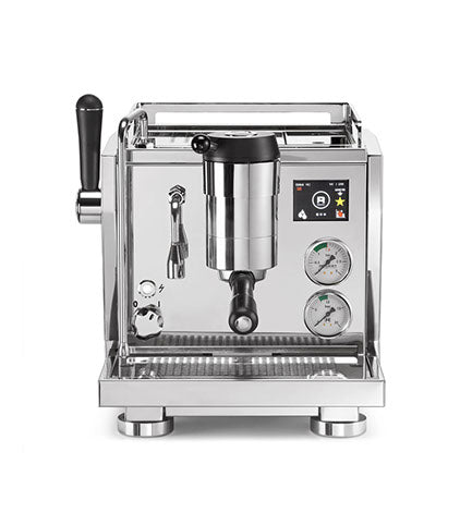 Stainless steel espresso machine on a white background