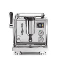 Stainless steel espresso machine on a white background