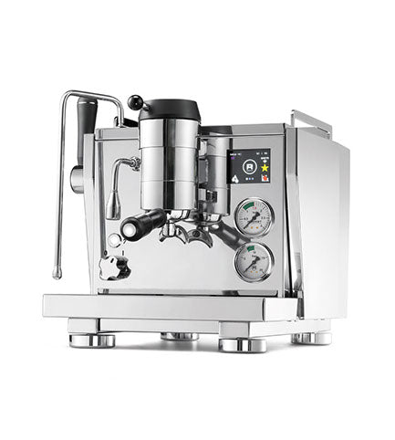 Stainless steel espresso machine on a white background