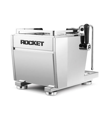 Stainless steel espresso machine with 'Rocket' branding on a white background
