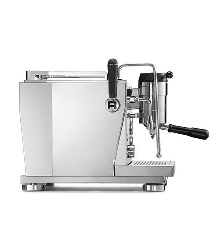 Stainless steel espresso machine on a white background