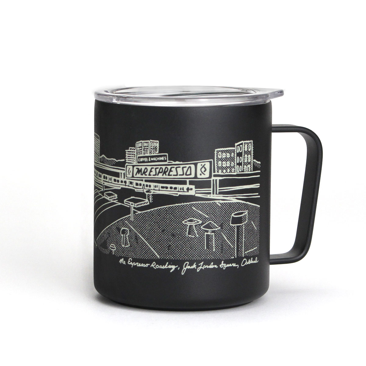 12oz MiiR Insulated Camp Mug | Roastery Rooftop and Oakland Skyline, product image from Mrespresso